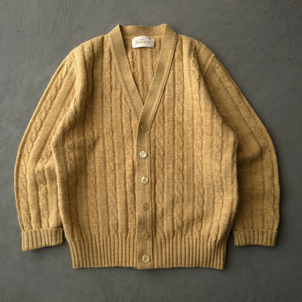 Vintage 70s Jantzen Yellow Cable Knit Cardigan Sweater Large V-Neck Button Up